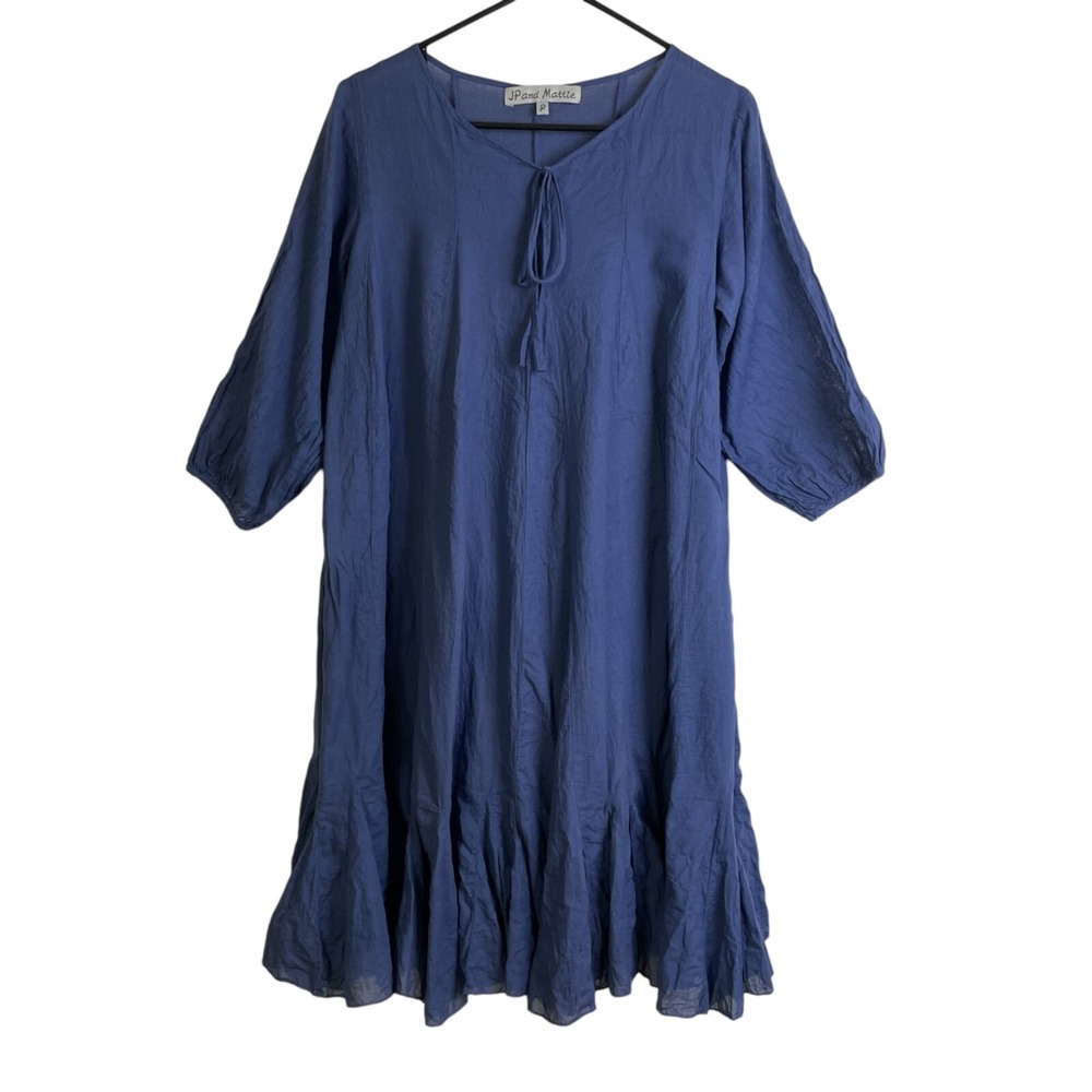 JP and Mattie Dress Blue Purple Midi Boho Lagenlook Cotton Womens Size Petite